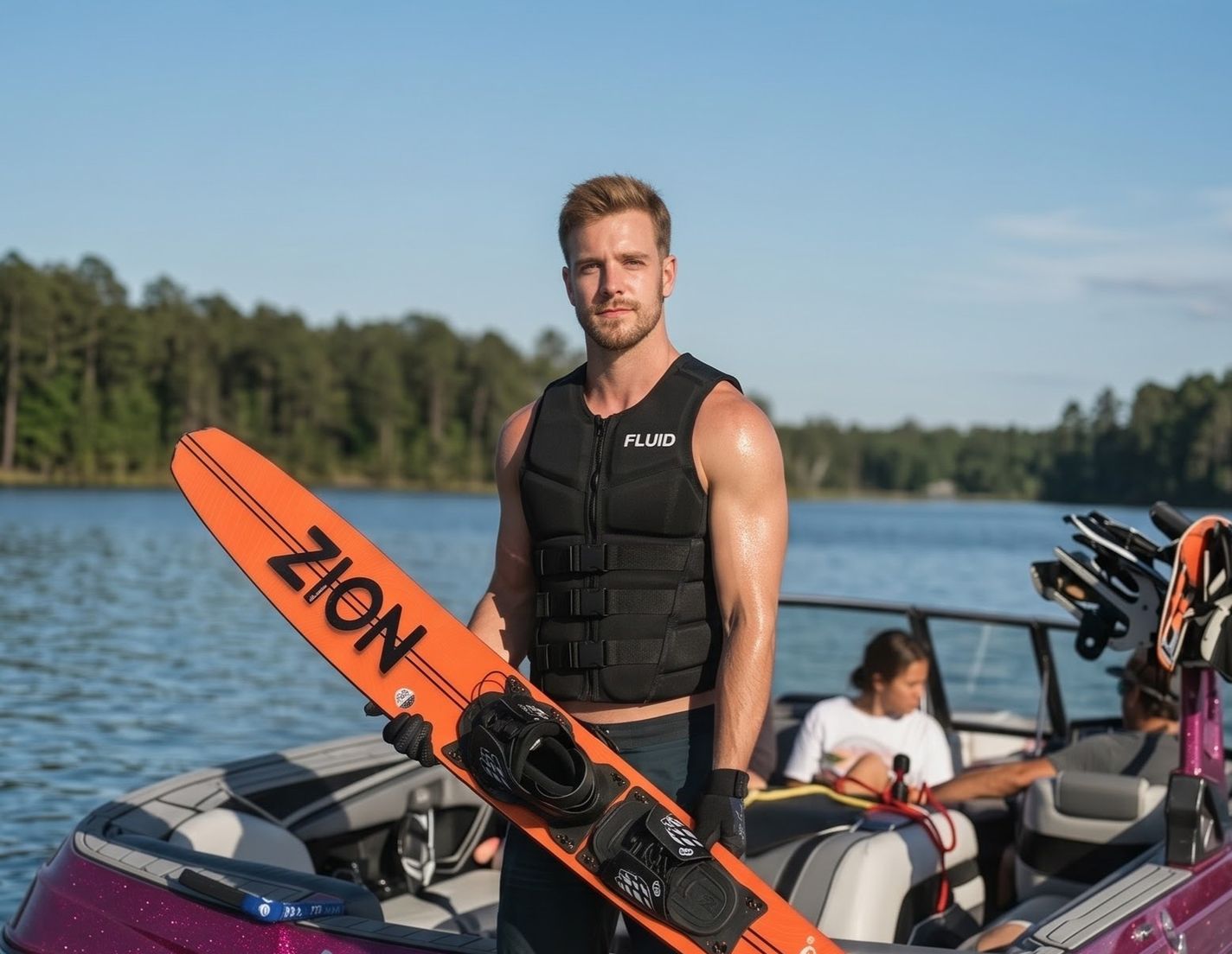 Skier holding a Fluid Zion ski on the back of a boat