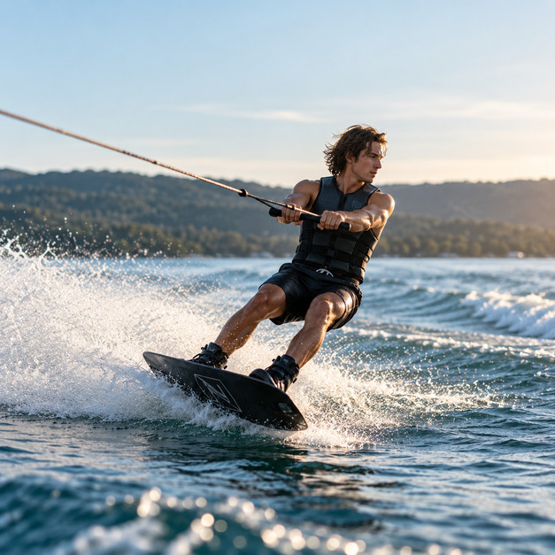 Rider wakeboarding behind the boat